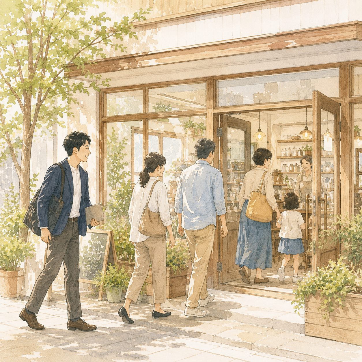 日差しの街並みにあるカフェの外観